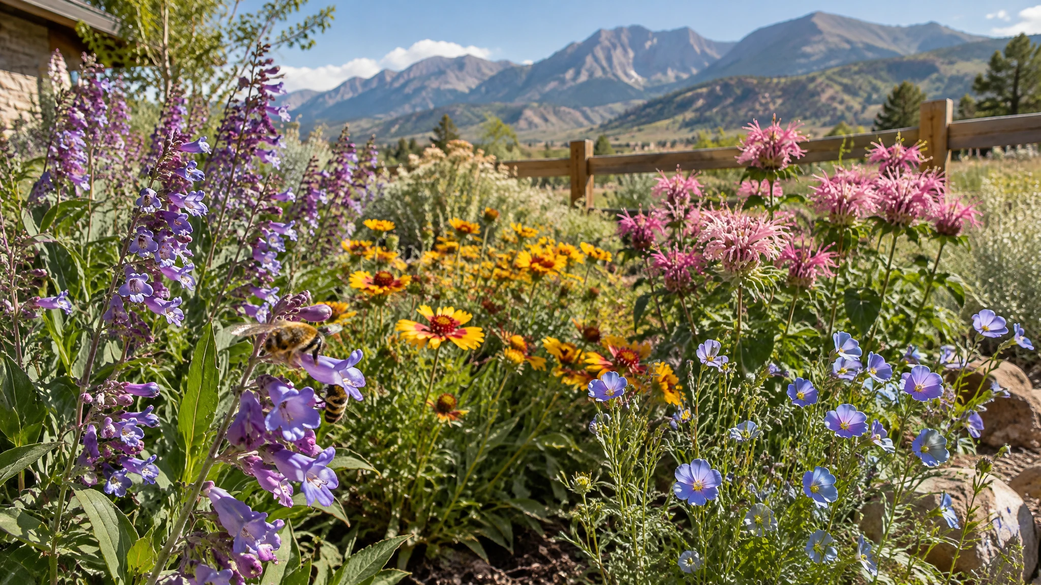 A sunny small-yard border full of purple penstemon, yellow blanket flower and pink bee balm with a bee on a flower.