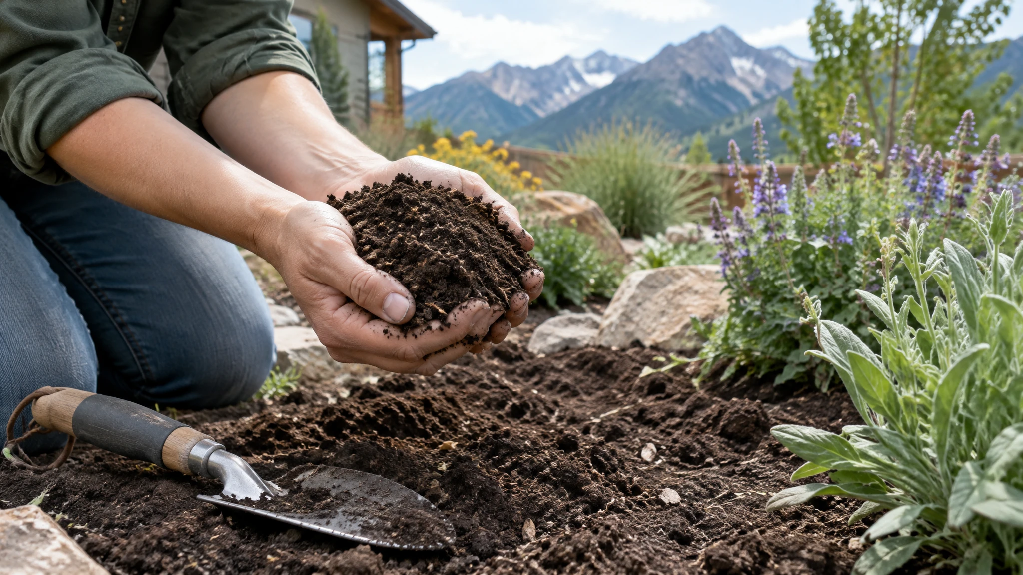 Hands holding a handful of dark garden soil above a planting bed in a small yard.
