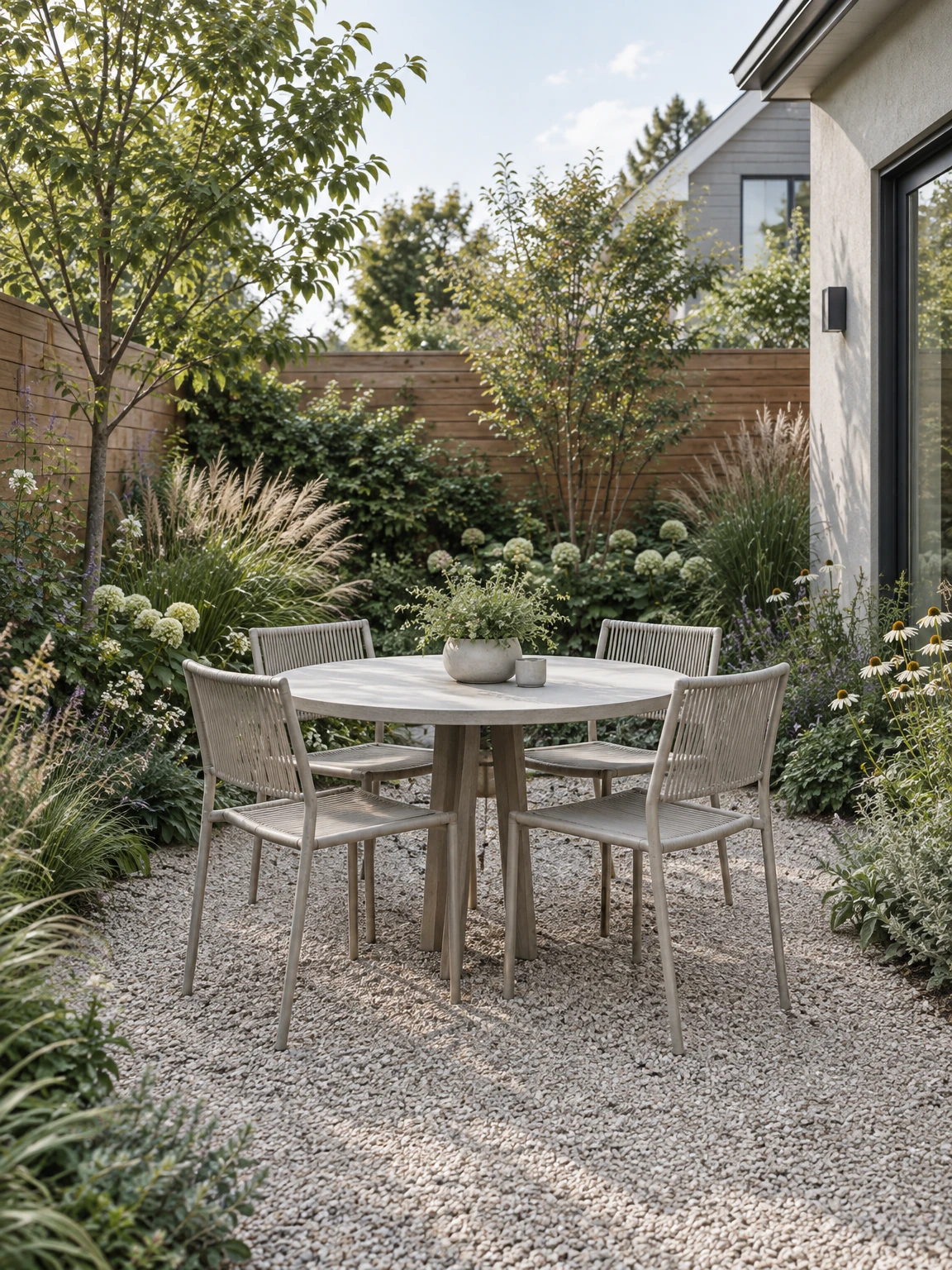 Illustrative small courtyard concept with a round dining table, gravel and planted borders.