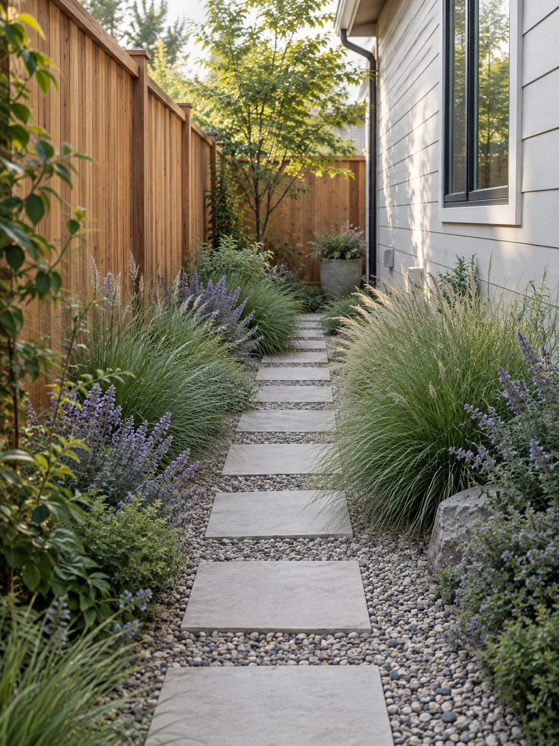 Illustrative narrow yard concept with stepping stones, flowering plants and ornamental grasses.