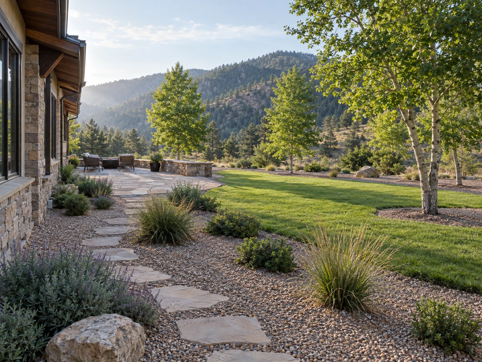 A foothills home with a gravel and flagstone border beside the house, spaced shrubs and a lawn beyond
