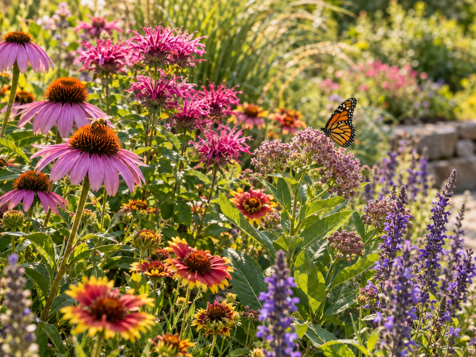 Coneflower, bee balm, milkweed and salvia in bloom with a bee and a monarch butterfly