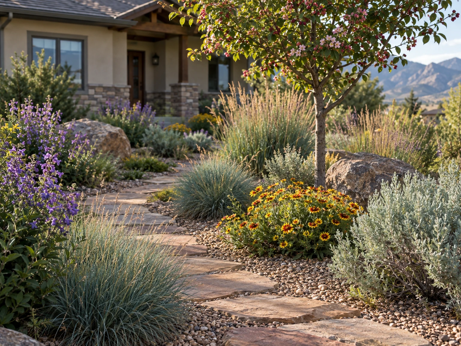 A Front Range front yard planted with native grasses, penstemon and blanket flower along a flagstone path